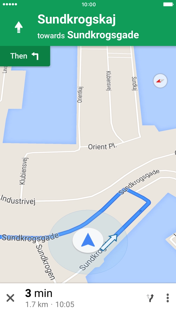The travel information at the bottom of the screen shows your estimated time of arrival and distance to destination.