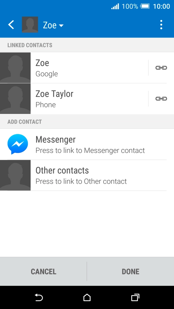 Press the merge icon next to the required contact.