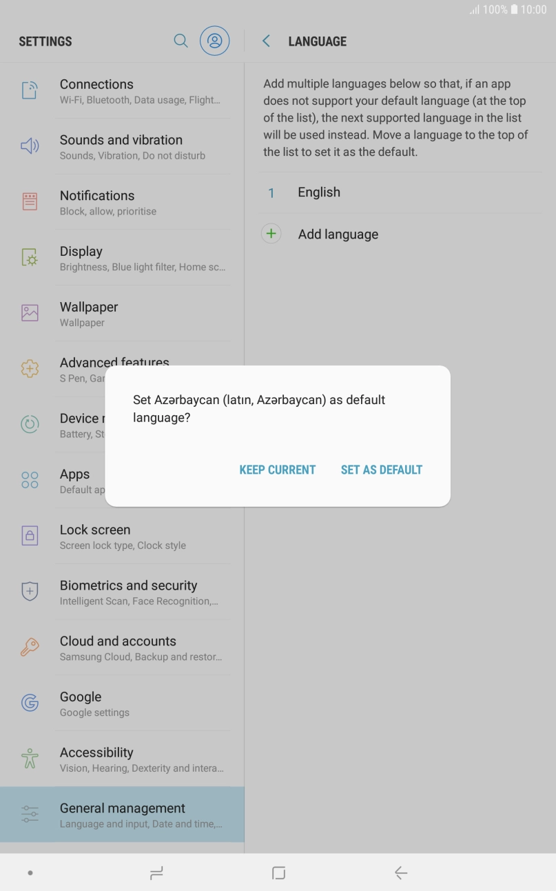To select the new language as the default tablet language, press SET AS DEFAULT.