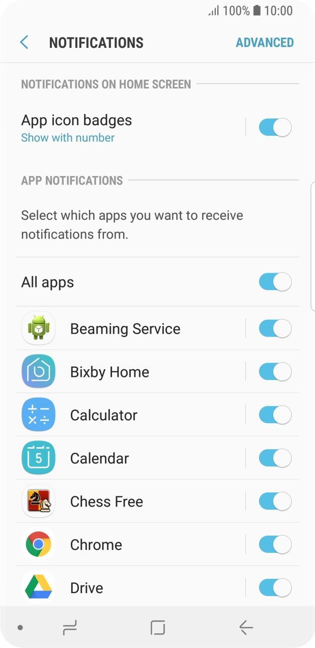 Press the indicator next to the required app to turn the function on or off.