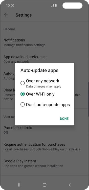 To turn on automatic update of apps using mobile network, press Over any network. To turn on automatic update of apps using mobile network, press Over any network.