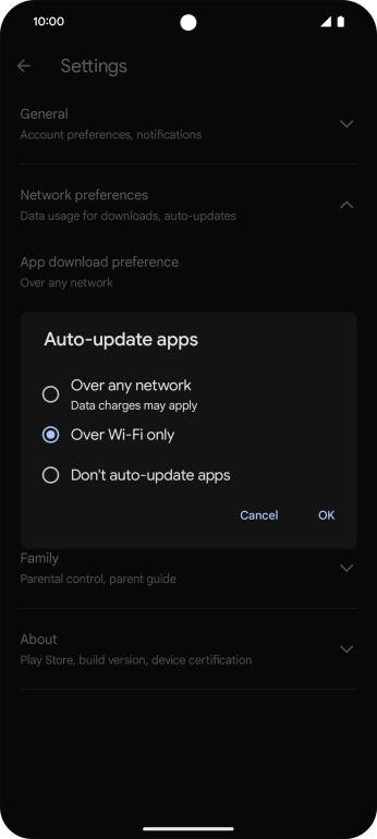 To turn on automatic update of apps using mobile network, press Over any network. To turn on automatic update of apps using mobile network, press Over any network.