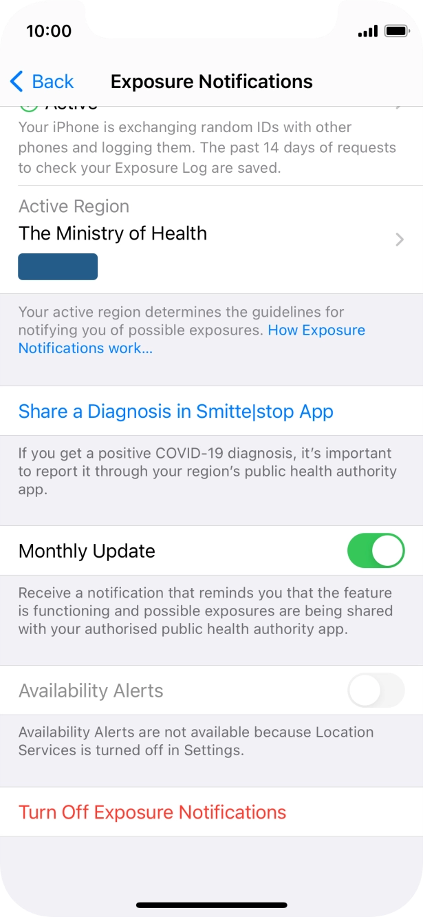 Press Turn Off Exposure Notifications.
