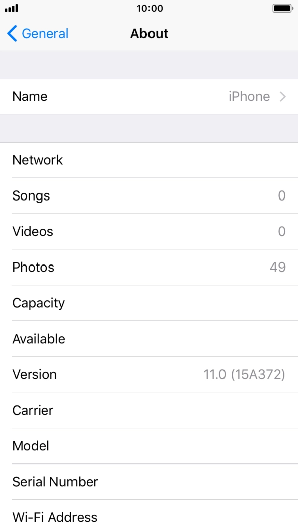 Your phone's software version is displayed next to Version.