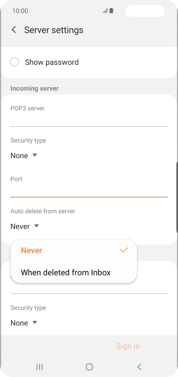 Press Never to keep email on the server when you delete them on your phone. Press Never to keep email on the server when you delete them on your phone.