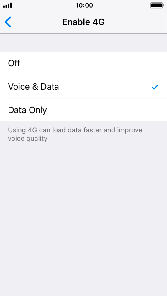 To turn off use of 4G, press Off.