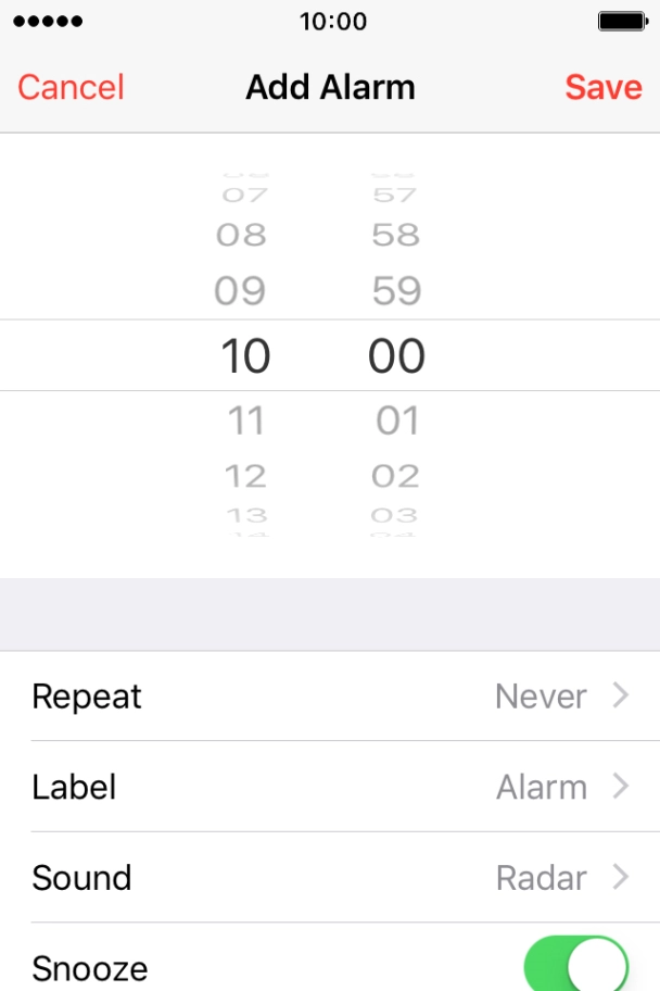 Drag hours and minutes upwards or downwards to set the time for the alarm.