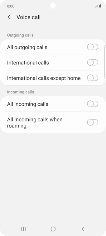 Press the indicator next to the required barring type to turn the function on or off. Press the indicator next to the required barring type to turn the function on or off.