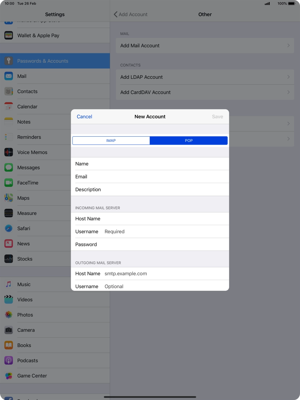 Press Username and key in the username for your email account.