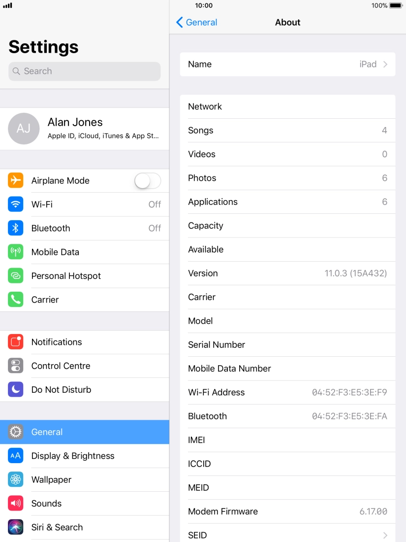 Your tablet's software version is displayed next to Version.