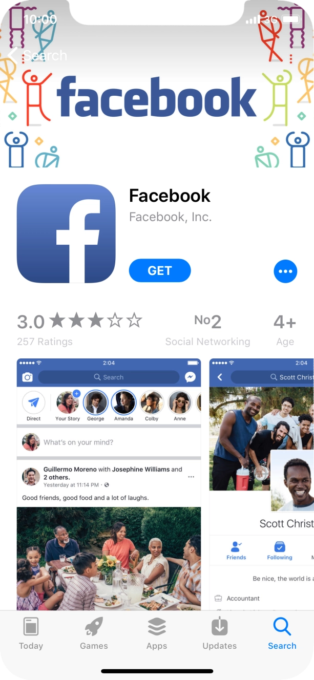Press GET and follow the instructions on the screen to install Facebook.