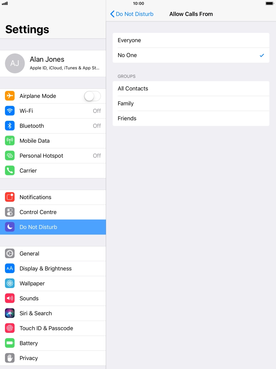 Press the required setting to select which contacts can call you even though Do Not Disturb is turned on.