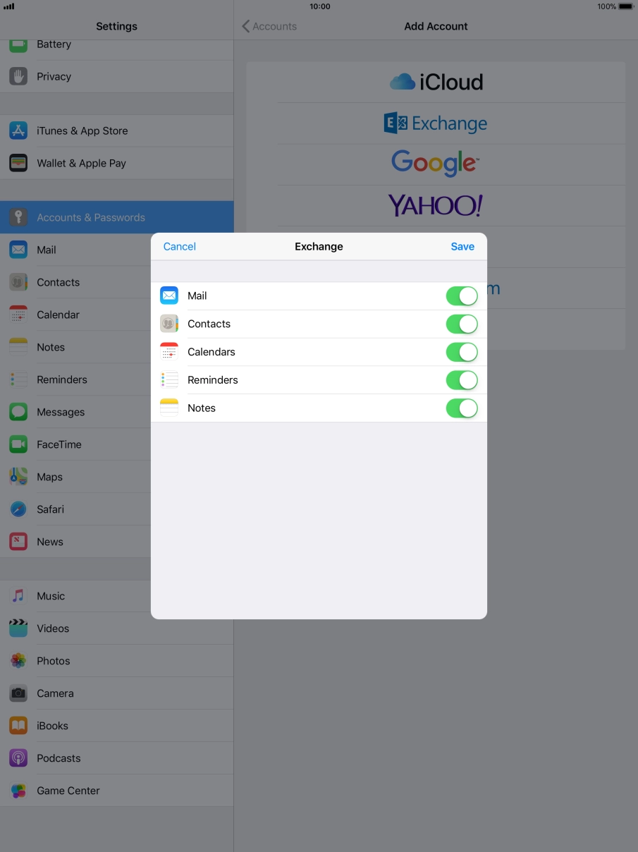 Press the indicator next to the required data type to turn synchronisation of each data type on or off.
