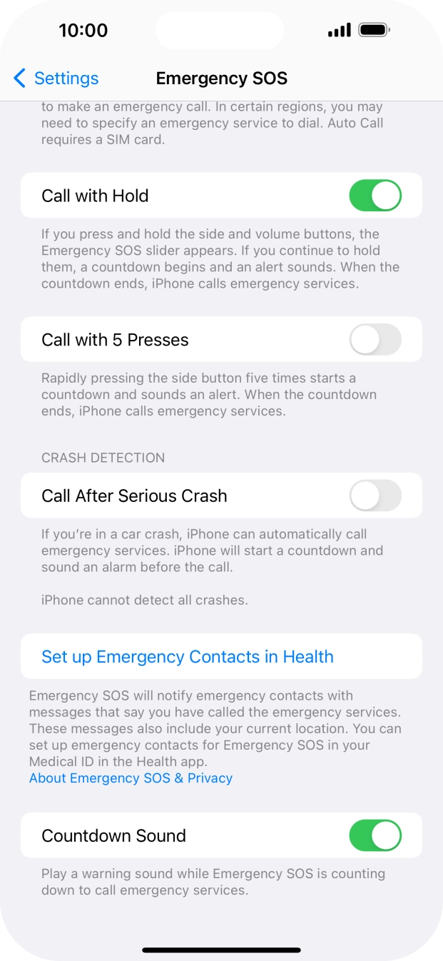 Press Set up Emergency Contacts in Health and follow the instructions on the screen to key in your emergency info and emergency contacts.