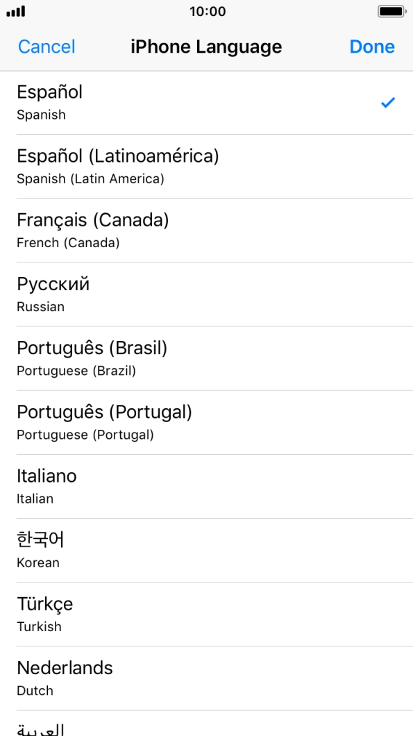 Press Done and follow the instructions on the screen to change to the selected language.