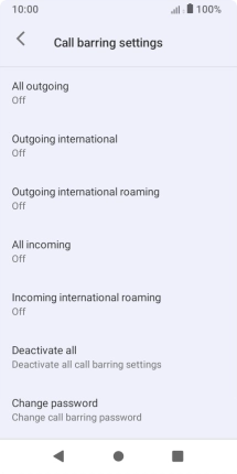 Press the required barring type to turn the function on or off. Press the required barring type to turn the function on or off.