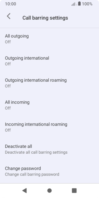 Press the required barring type to turn the function on or off. Press the required barring type to turn the function on or off.