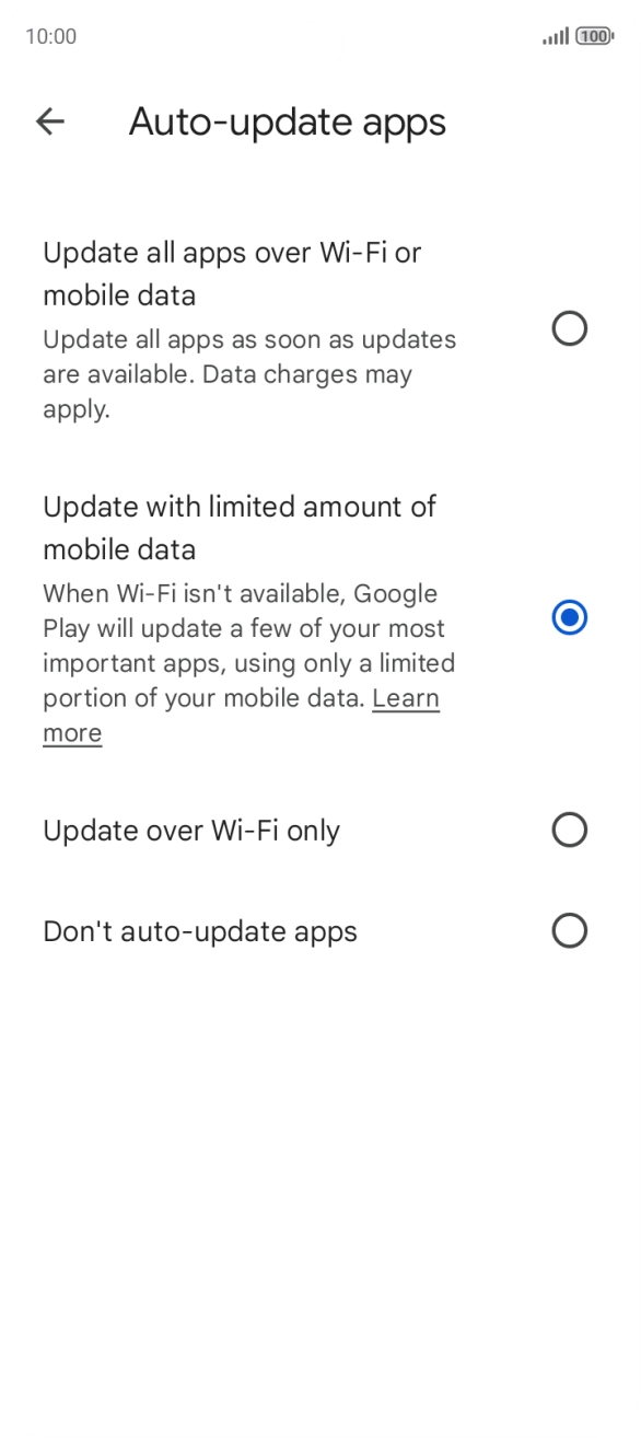 To turn on automatic update of apps using mobile network, press Update all apps over Wi-Fi or mobile data.