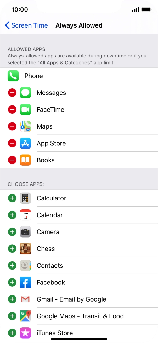 Press the remove icon next to the required app to remove it from the list of allowed apps during Downtime.