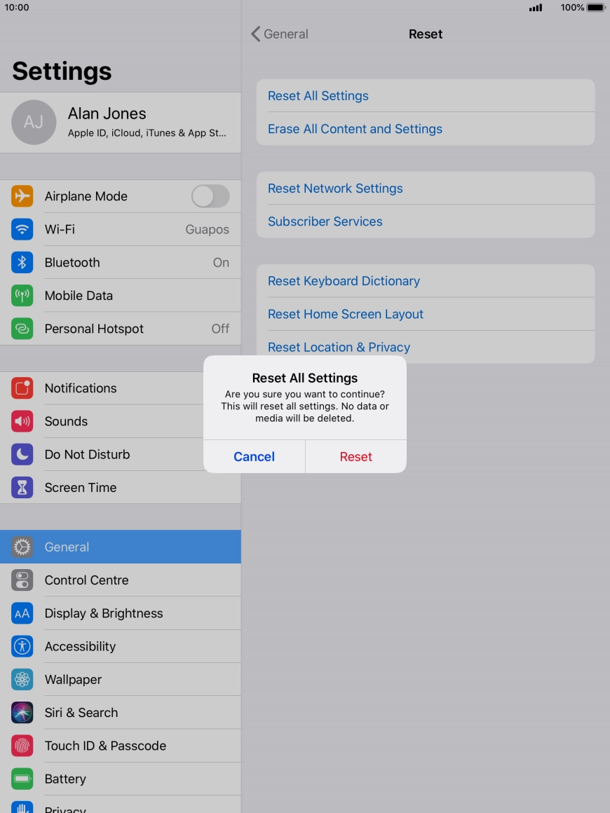 Press Reset. Wait a moment while the factory default settings are restored. Follow the instructions on the screen to set up your tablet and prepare it for use.