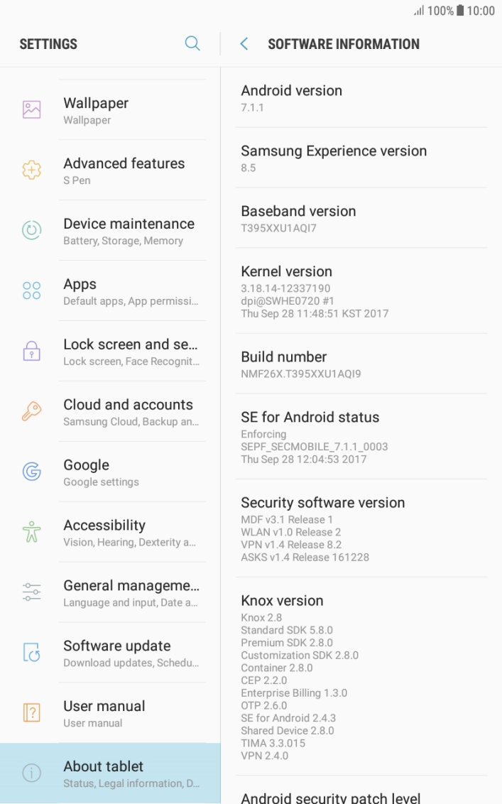 Your tablet's software version is displayed below Android version.