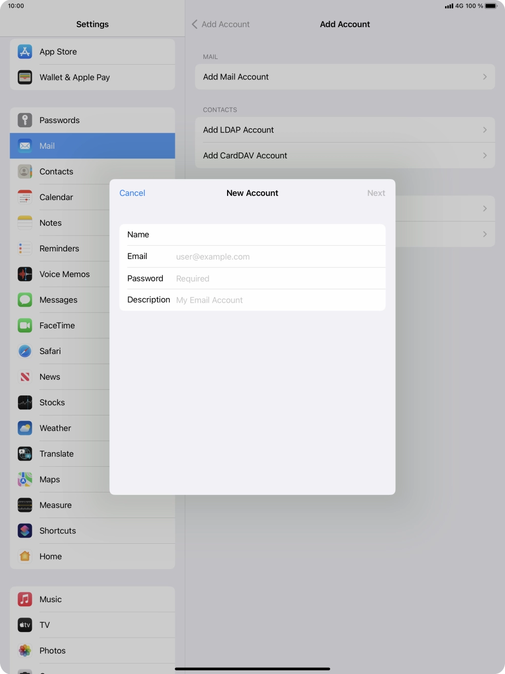 Press Email and key in your email address.
