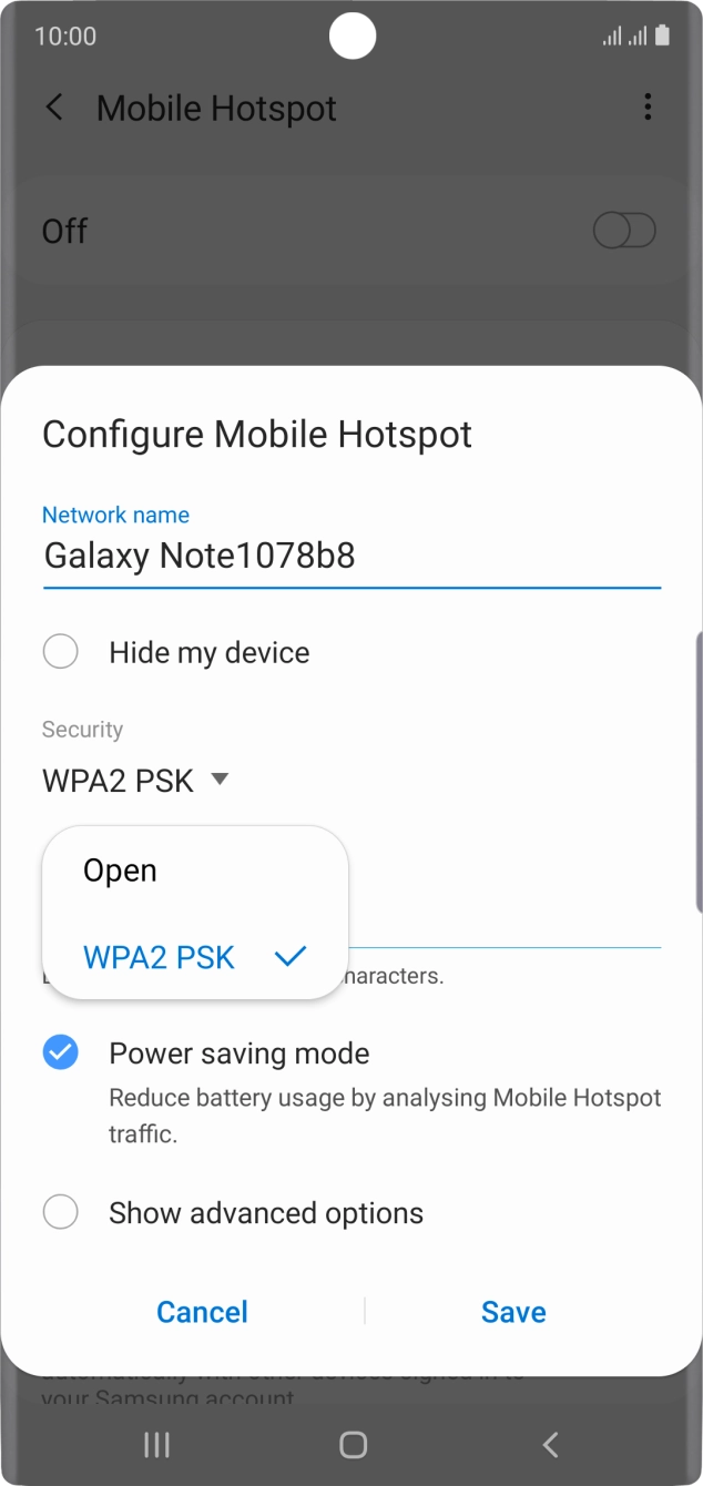 Press WPA2 PSK to password protect your Wi-Fi hotspot.