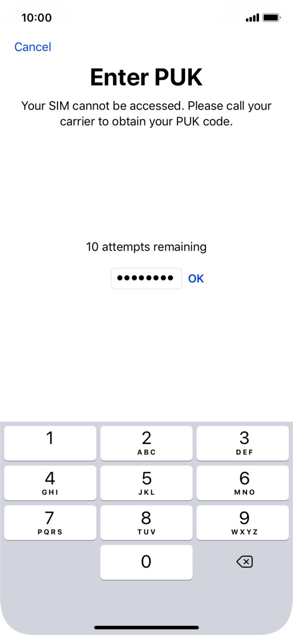 Key in the PUK and press OK. Key in the PUK and press OK.