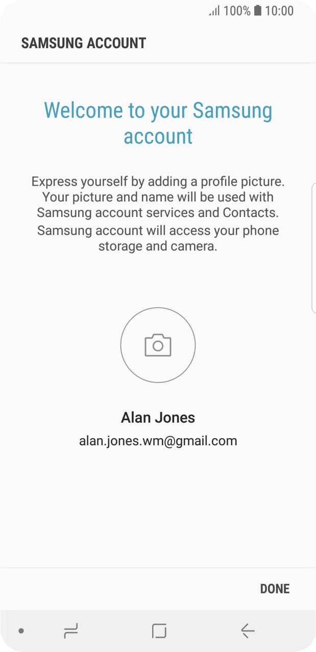 Press DONE and follow the instructions on the screen to select settings for your Samsung account.