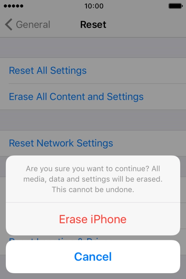 Press Erase iPhone. Wait a moment while the factory default settings are restored. 
Follow the instructions on the screen to set up your phone and prepare it for use.