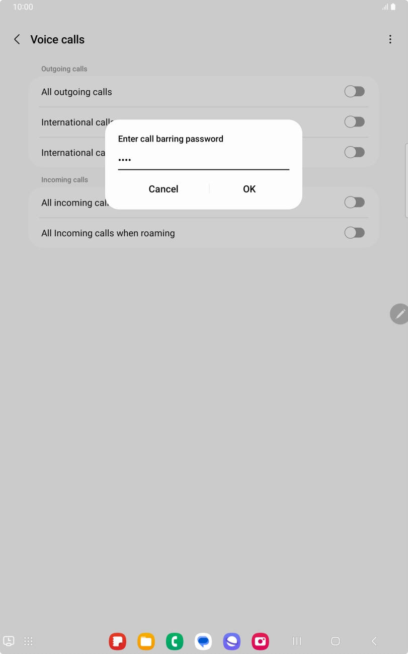 Key in your call barring password and press OK.