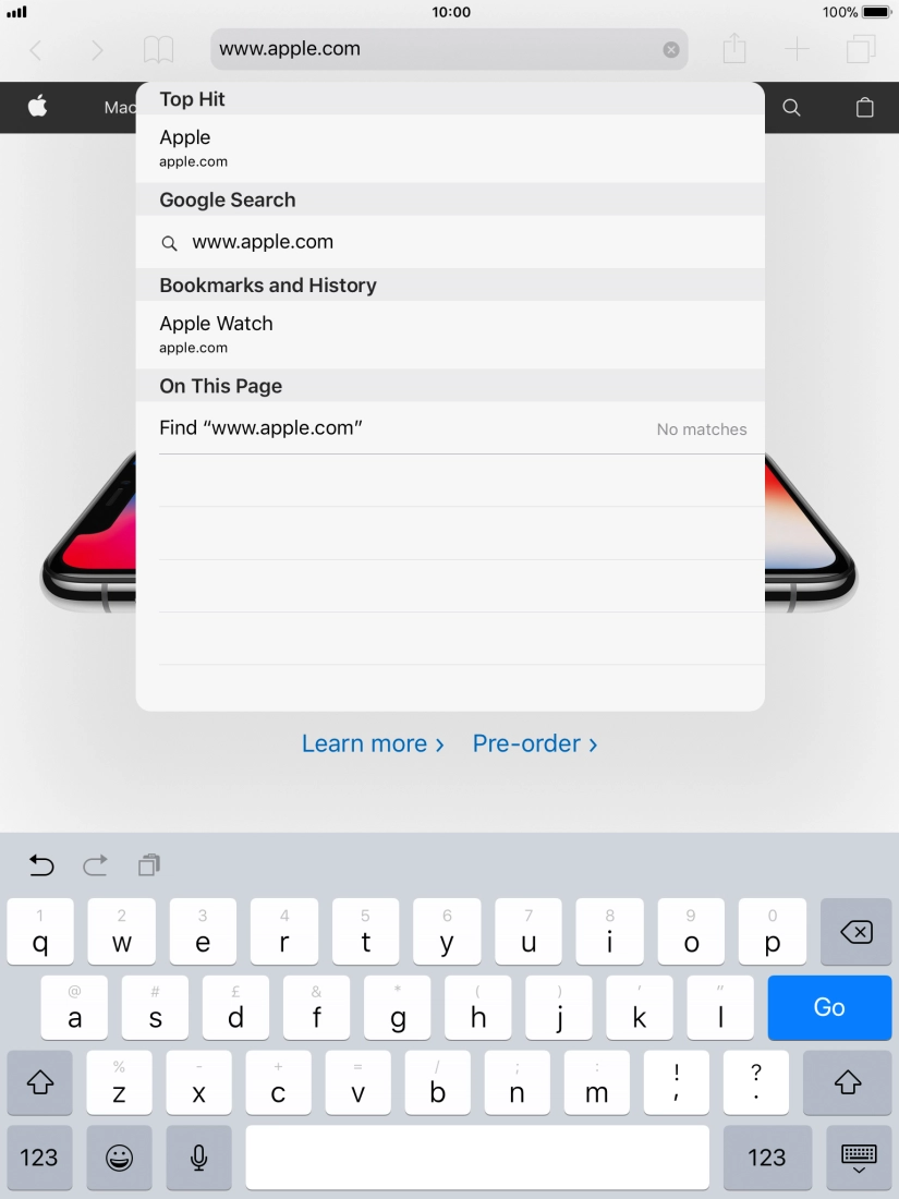 Key in the address of the required web page and press Go.