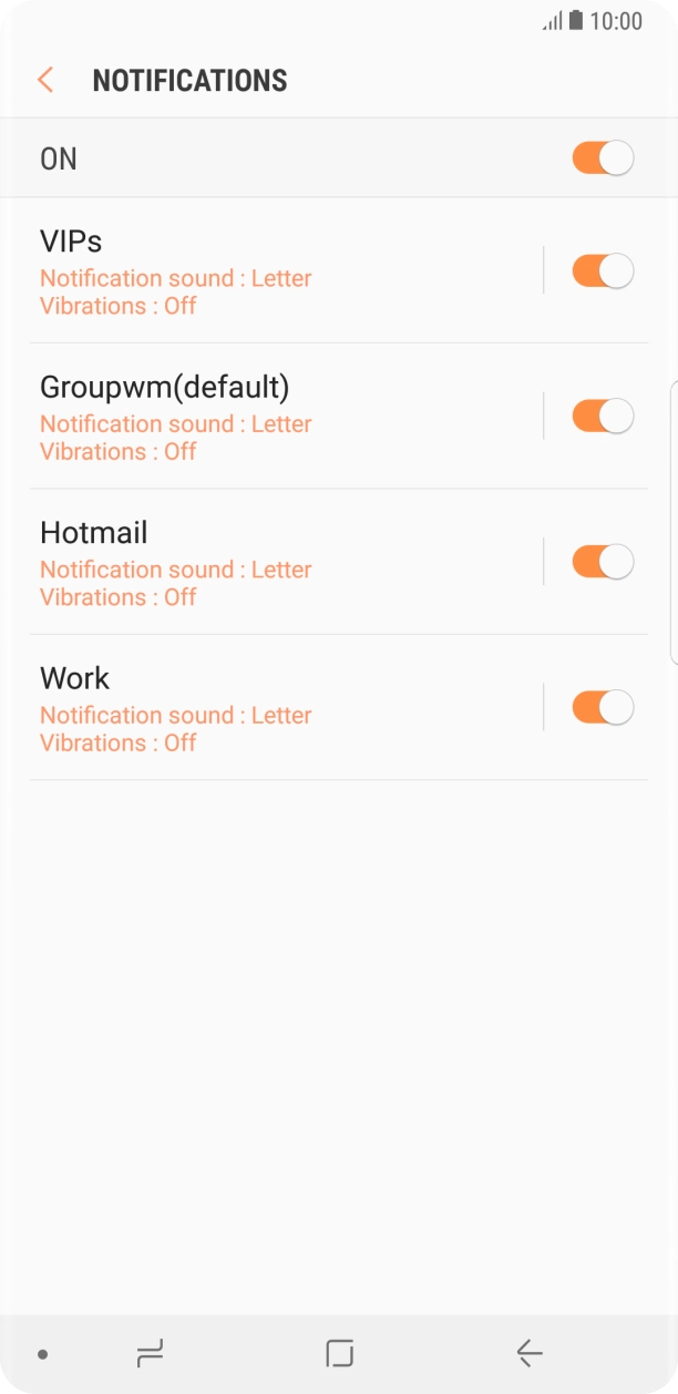 Press the indicator next to the required email account to turn the function on or off. Press the indicator next to the required email account to turn the function on or off.