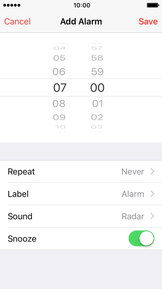 Drag hours and minutes upwards or downwards to set the time for the alarm.