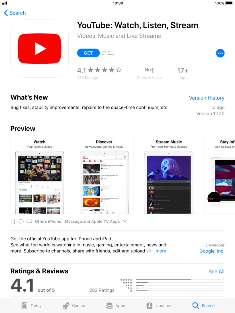 Press GET and follow the instructions on the screen to install YouTube.