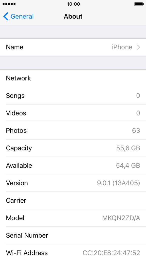 Your phone's software version is displayed next to Version.