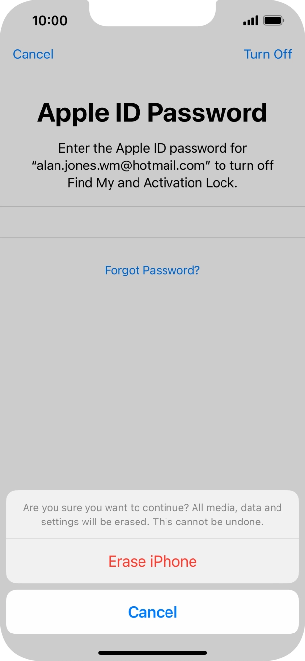 Key in the password for your Apple ID and press Erase iPhone. Wait a moment while the factory default settings are restored. Follow the instructions on the screen to set up your phone and prepare it for use.