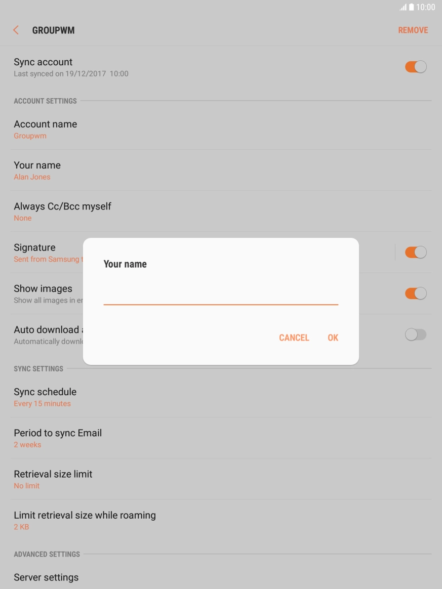 Key in the required sender name and press OK.