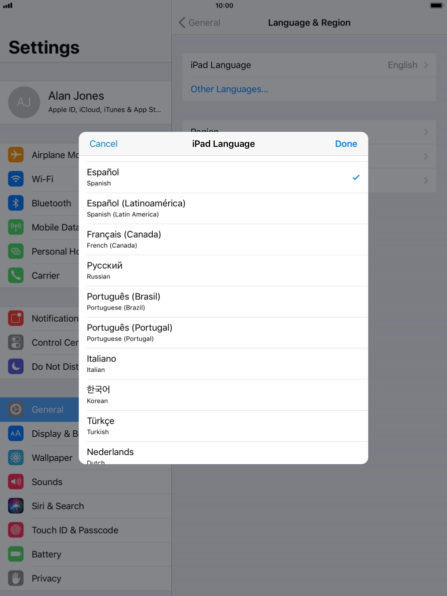Press Done and follow the instructions on the screen to change to the selected language.