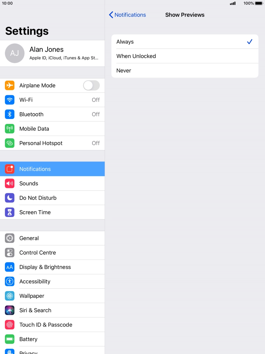 To select notification preview on the lock screen, press Always (Default).