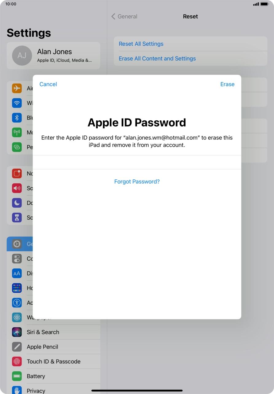 Key in the password for your Apple ID and press Erase. Wait a moment while the factory default settings are restored. Follow the instructions on the screen to set up your tablet and prepare it for use.