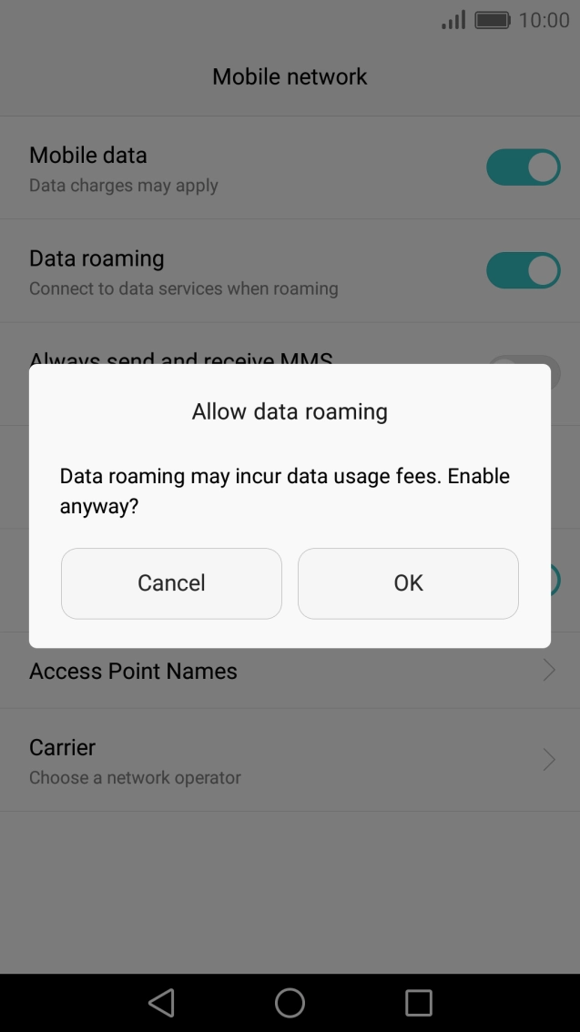 If you turn on data roaming, press OK.