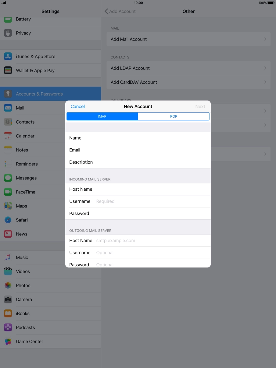 Press Username and key in the username for your email account.
