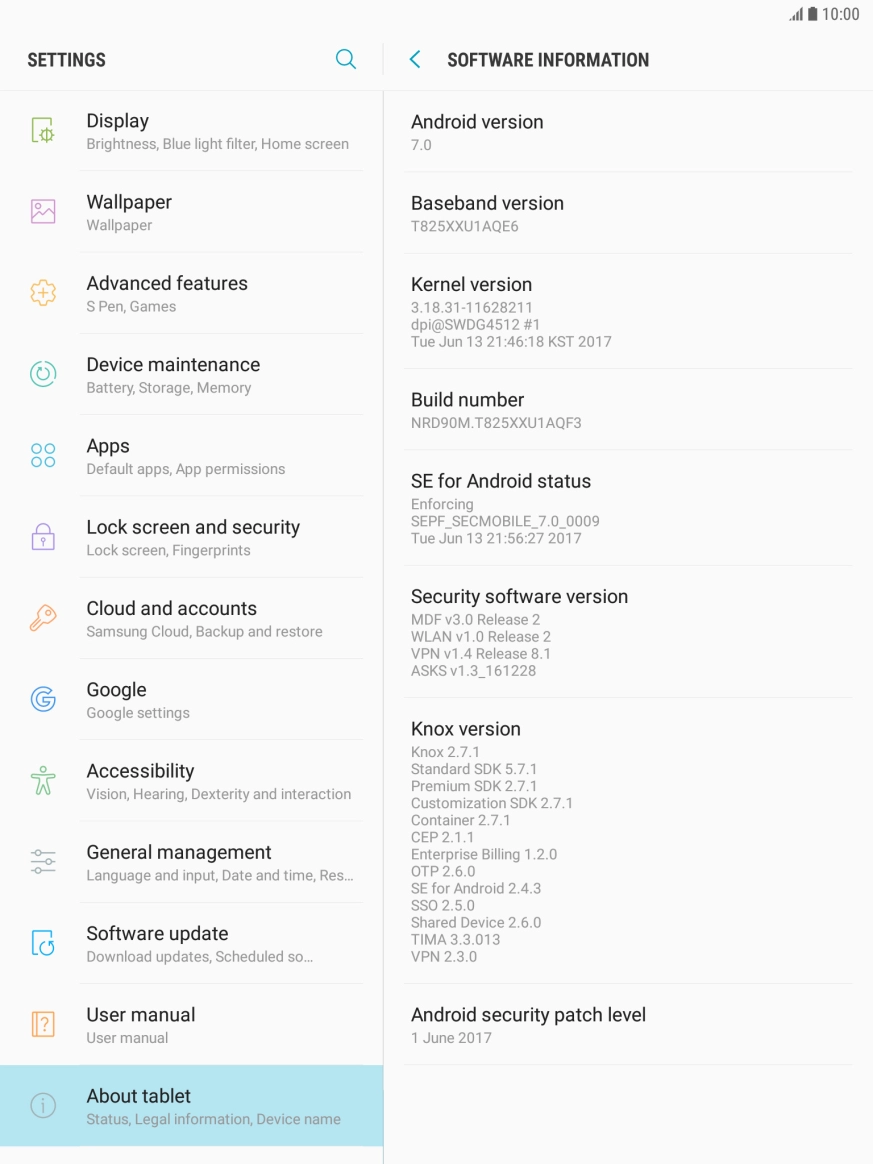 Your tablet's software version is displayed below Android version.