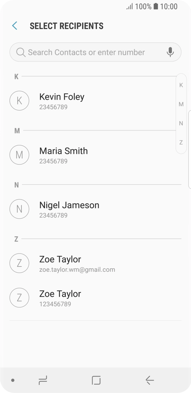 Press the search field and key in the first letters of the recipient's name.