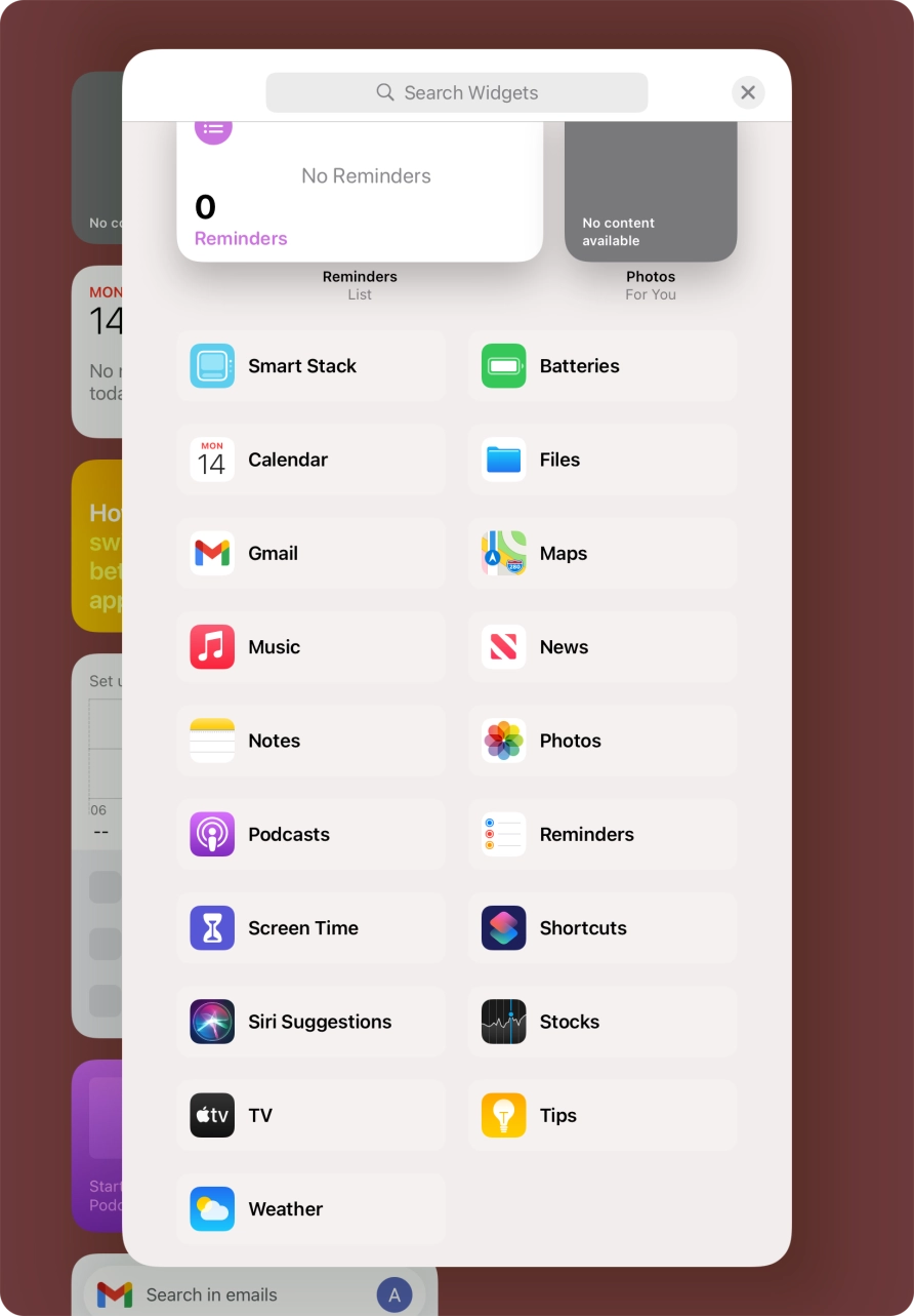 Press the required widget.