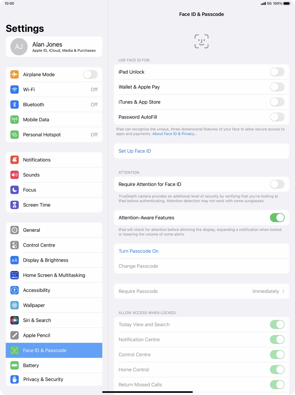 Press Turn Passcode On and key in a lock code of your own choice twice.