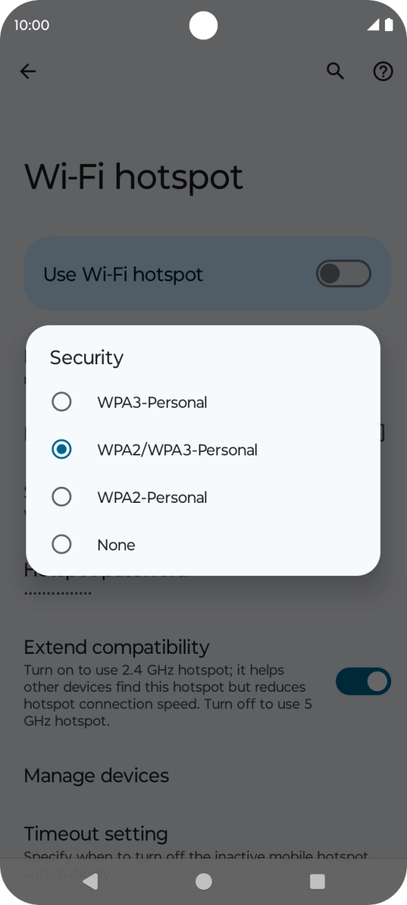 Press WPA3-Personal to password protect your Wi-Fi hotspot. Press WPA3-Personal to password protect your Wi-Fi hotspot.