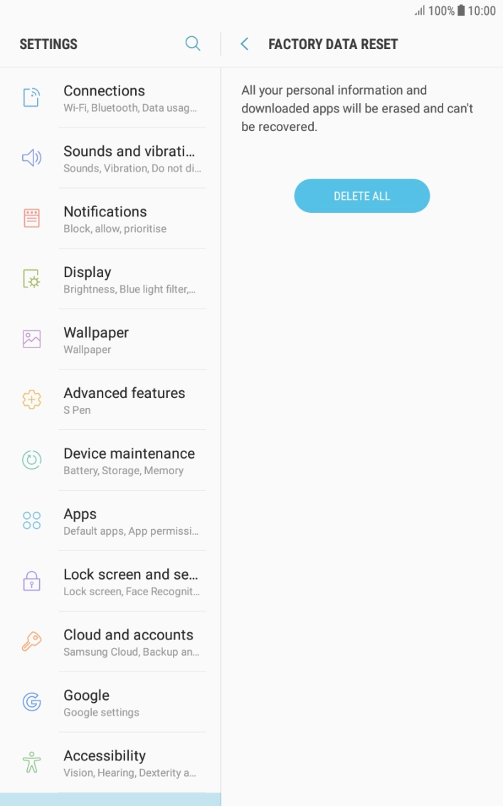 Press DELETE ALL. Wait a moment while the factory default settings are restored. Follow the instructions on the screen to set up your tablet and prepare it for use.
