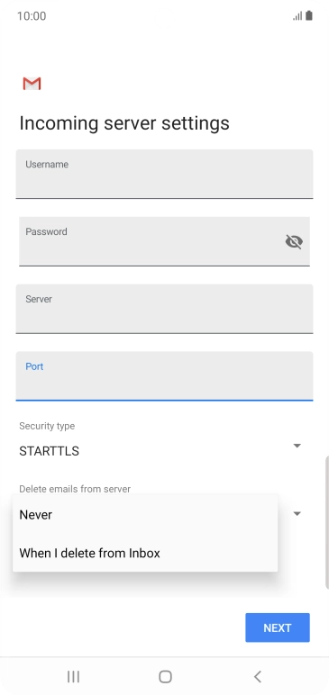 Press Never to keep email on the server when you delete them on your phone. Press Never to keep email on the server when you delete them on your phone.